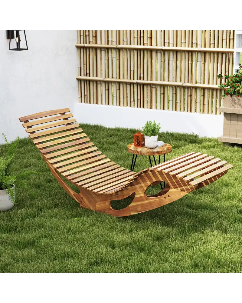Acacia Wood Patio Rocking Sun Lounger Chaise Lounge with Ergonomic Curved Seat - Natural - Patio Rocking Chairs &