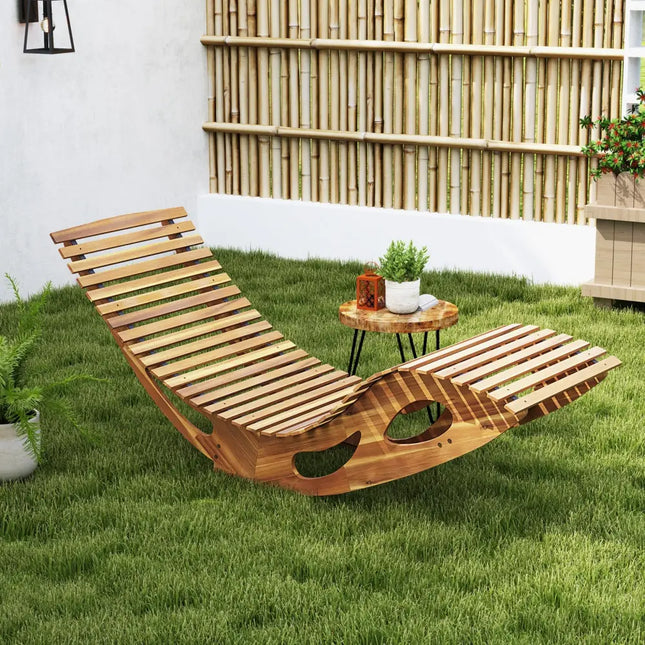 Acacia Wood Patio Rocking Sun Lounger Chaise Lounge with Ergonomic Curved Seat - Natural - Patio Rocking Chairs &