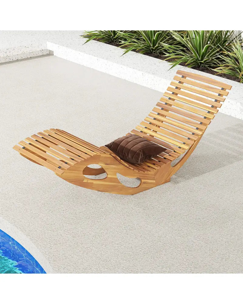 Acacia Wood Patio Rocking Sun Lounger Chaise Lounge with Ergonomic Curved Seat - Natural - Patio Rocking Chairs &