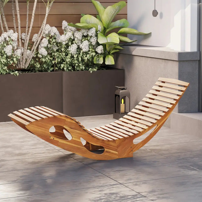 Acacia Wood Patio Rocking Sun Lounger Chaise Lounge with Ergonomic Curved Seat - Natural - Patio Rocking Chairs &