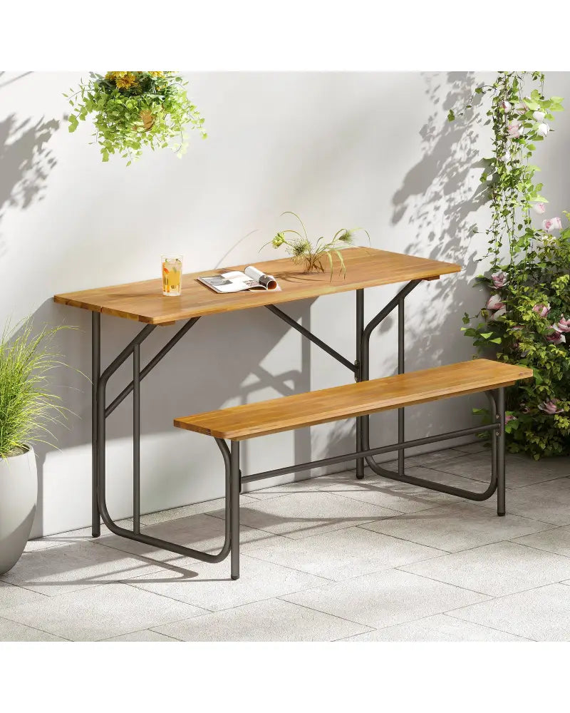 Acacia Wood Patio Table Bench for 2 People One-Side Picnic Table - Natural - Picnic Tables