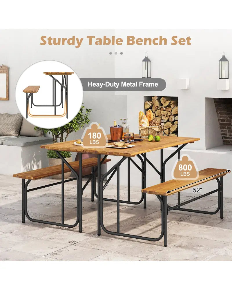 Acacia Wood Patio Table Bench for 2 People One-Side Picnic Table - Natural - Picnic Tables