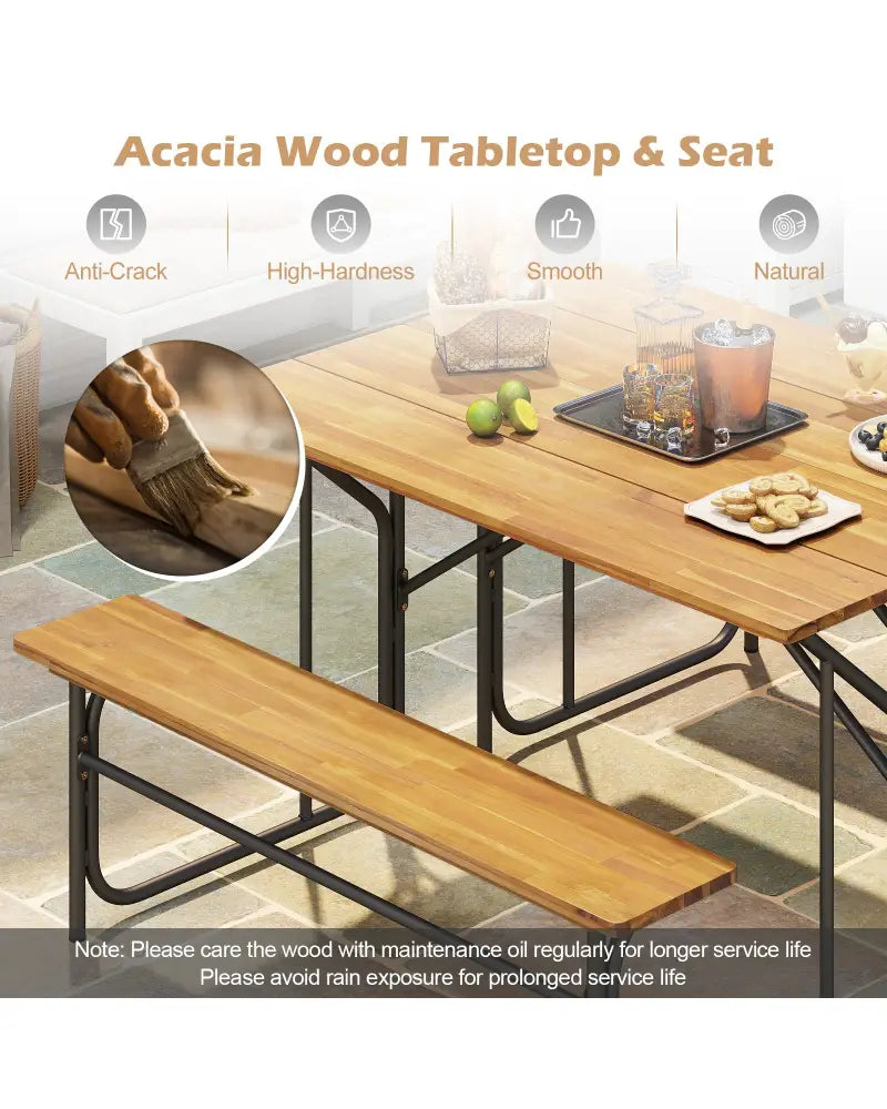 Acacia Wood Patio Table Bench for 2 People One-Side Picnic Table - Natural - Picnic Tables