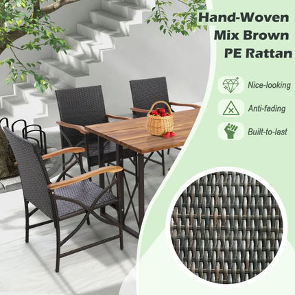 Acacia Wood Table and 6 Wicker Chairs with Umbrella Hole-X-side Handrail - Patio Dining Sets
