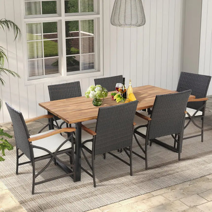Acacia Wood Table and 6 Wicker Chairs with Umbrella Hole-X-side Handrail - Patio Dining Sets