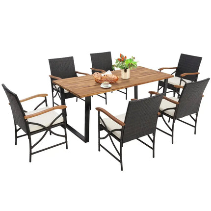 Acacia Wood Table and 6 Wicker Chairs with Umbrella Hole-X-side Handrail - Patio Dining Sets