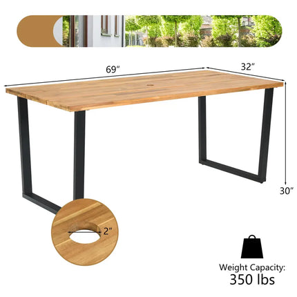 Acacia Wood Table and 6 Wicker Chairs with Umbrella Hole-X-side Handrail - Patio Dining Sets
