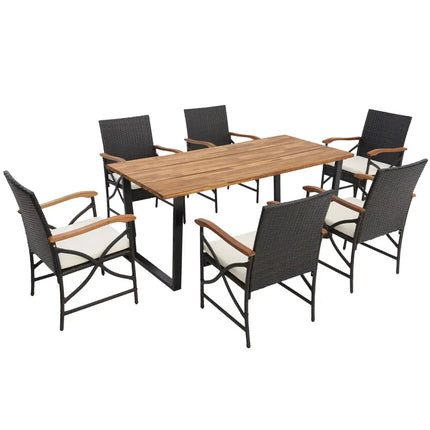 Acacia Wood Table and 6 Wicker Chairs with Umbrella Hole-X-side Handrail - Patio Dining Sets