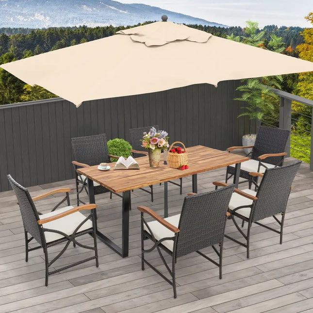 Acacia Wood Table and 6 Wicker Chairs with Umbrella Hole-X-side Handrail - Patio Dining Sets