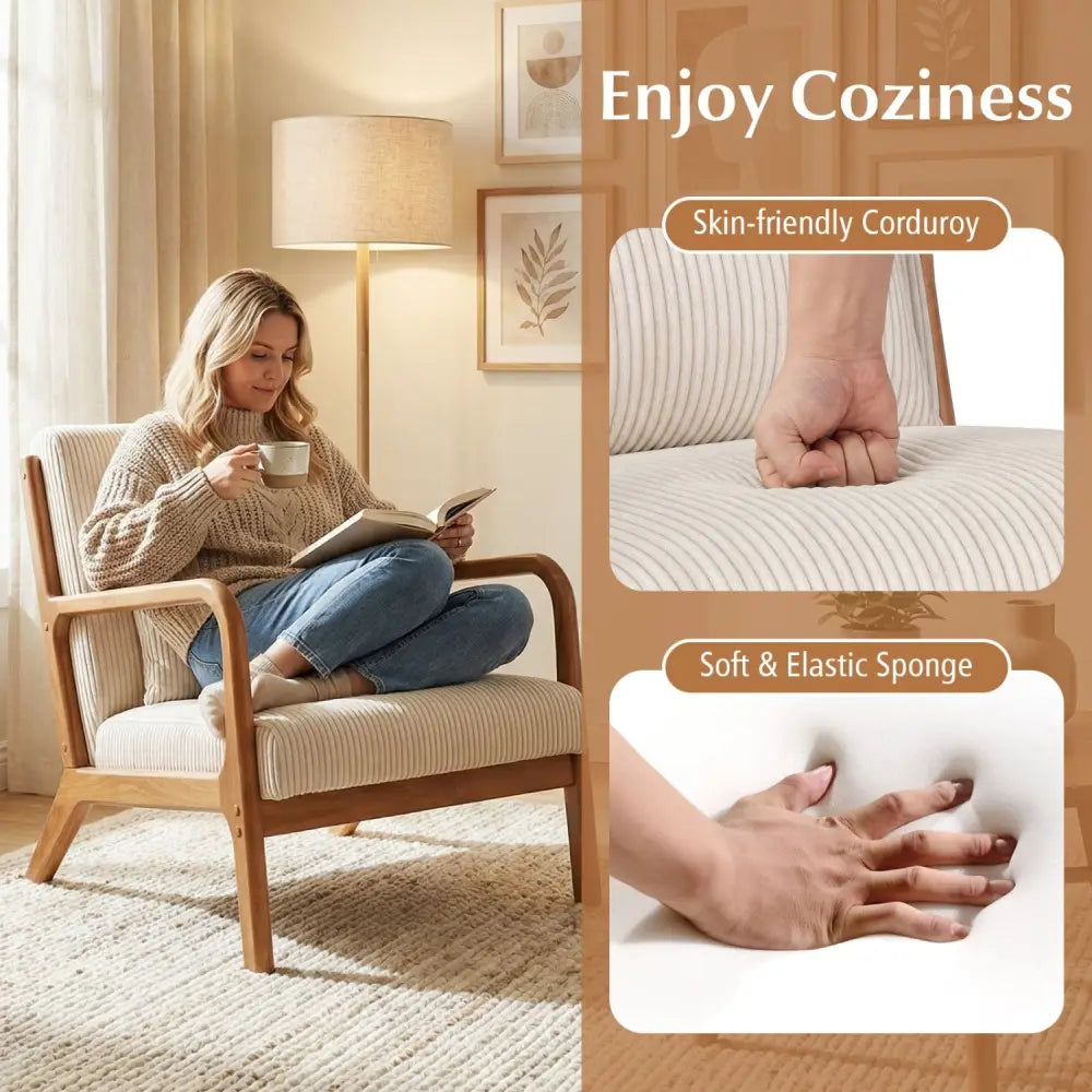 Accent Chair Corduroy Upholstered Lounge Chair with Lumbar Pillow-Beige - Beige - Accent Chairs