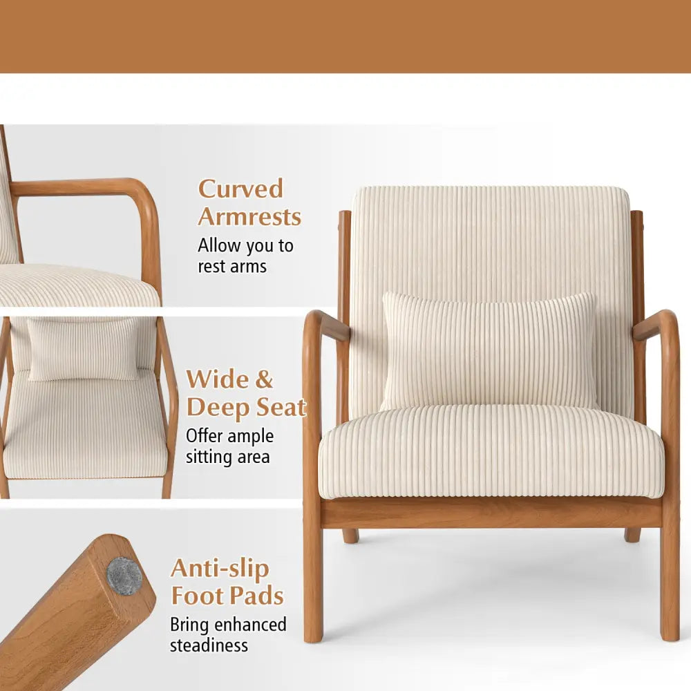 Accent Chair Corduroy Upholstered Lounge Chair with Lumbar Pillow-Beige - Beige - Accent Chairs