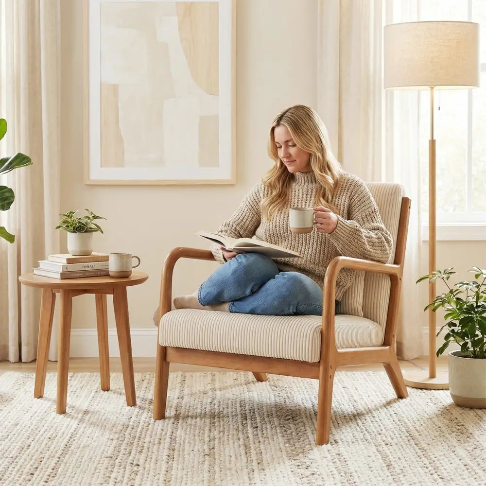 Accent Chair Corduroy Upholstered Lounge Chair with Lumbar Pillow-Beige - Beige - Accent Chairs