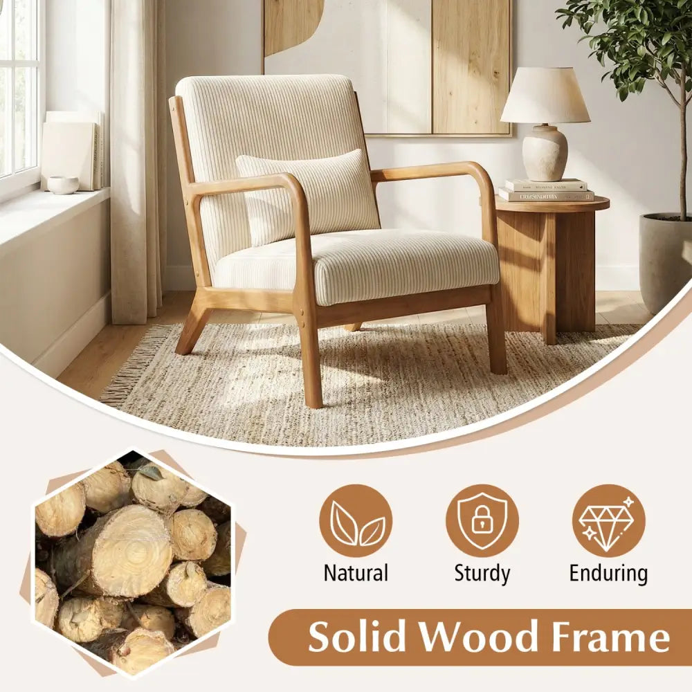 Accent Chair Corduroy Upholstered Lounge Chair with Lumbar Pillow-Beige - Beige - Accent Chairs
