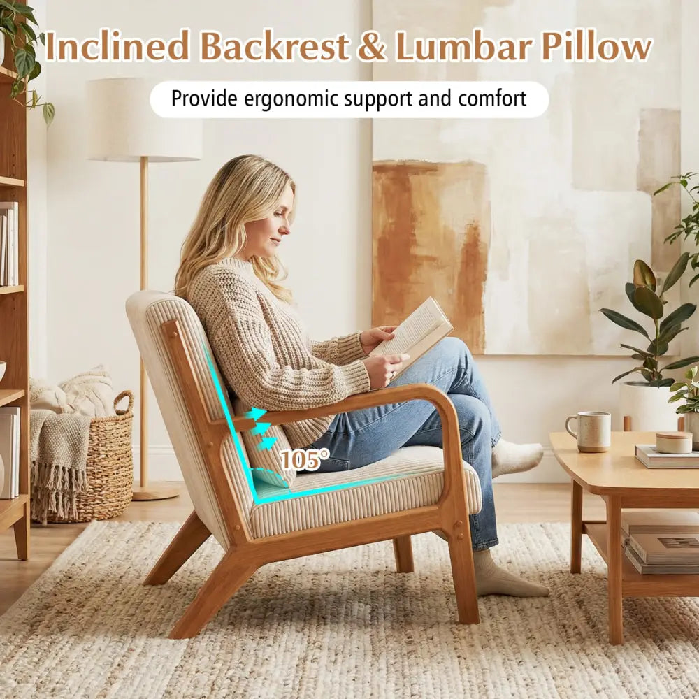 Accent Chair Corduroy Upholstered Lounge Chair with Lumbar Pillow-Beige - Beige - Accent Chairs