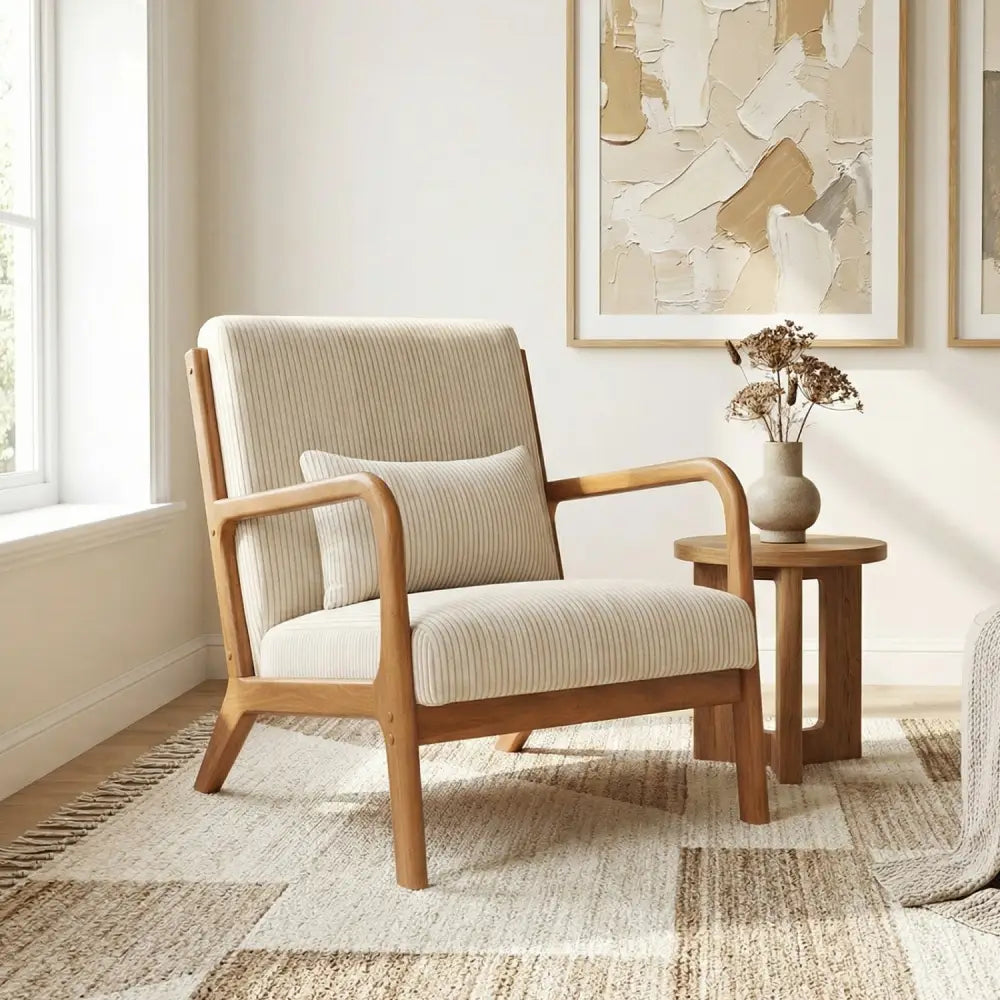 Accent Chair Corduroy Upholstered Lounge Chair with Lumbar Pillow-Beige - Beige - Accent Chairs
