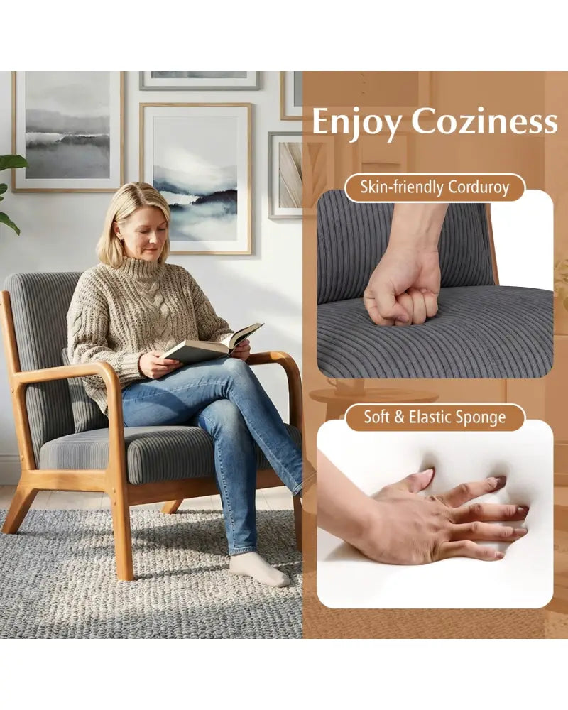 Accent Chair Corduroy Upholstered Lounge Chair with Lumbar Pillow-Gray - Gray - Accent Chairs