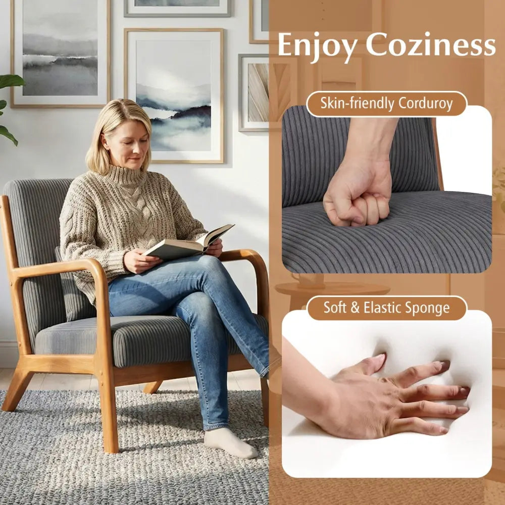 Accent Chair Corduroy Upholstered Lounge Chair with Lumbar Pillow-Gray - Gray - Accent Chairs