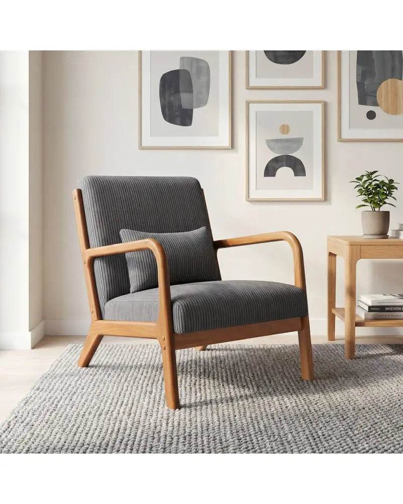 Accent Chair Corduroy Upholstered Lounge Chair with Lumbar Pillow-Gray - Gray - Accent Chairs