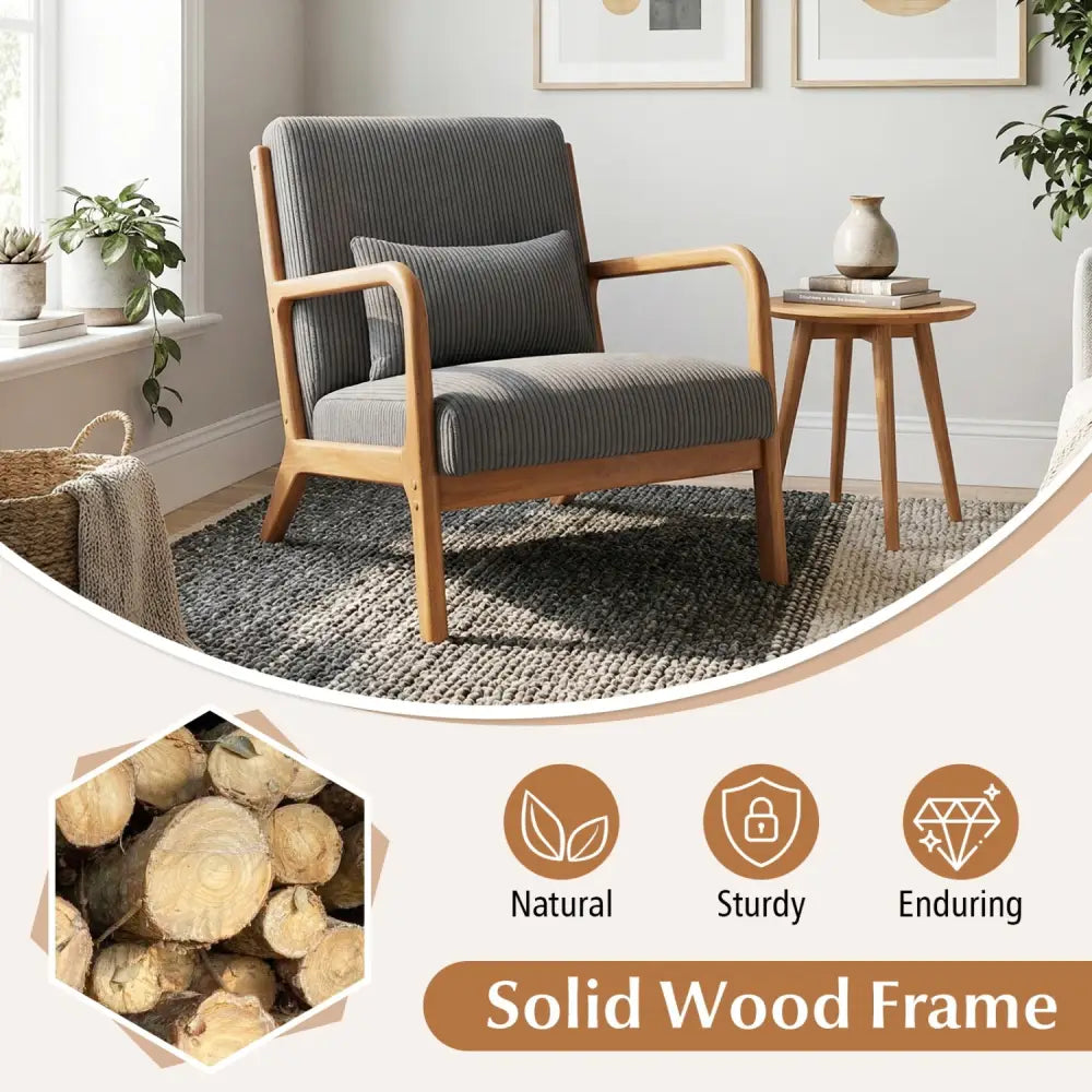 Accent Chair Corduroy Upholstered Lounge Chair with Lumbar Pillow-Gray - Gray - Accent Chairs