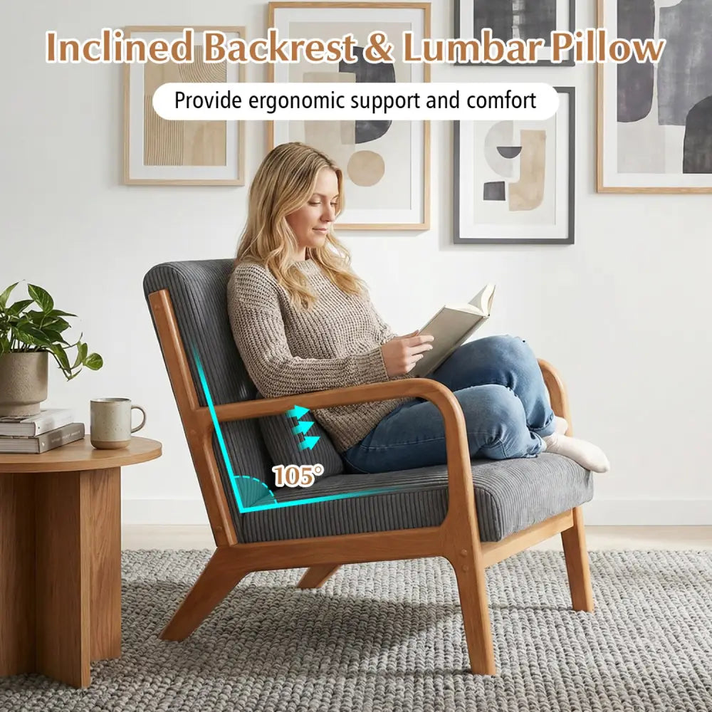 Accent Chair Corduroy Upholstered Lounge Chair with Lumbar Pillow-Gray - Gray - Accent Chairs