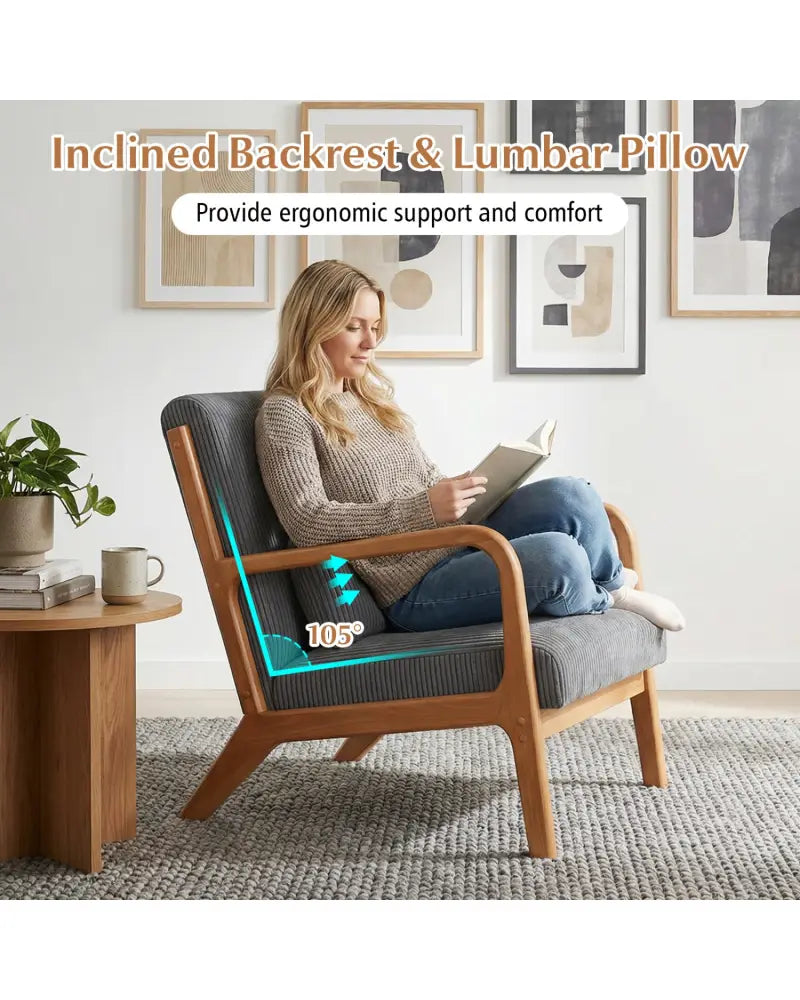 Accent Chair Corduroy Upholstered Lounge Chair with Lumbar Pillow-Gray - Gray - Accent Chairs