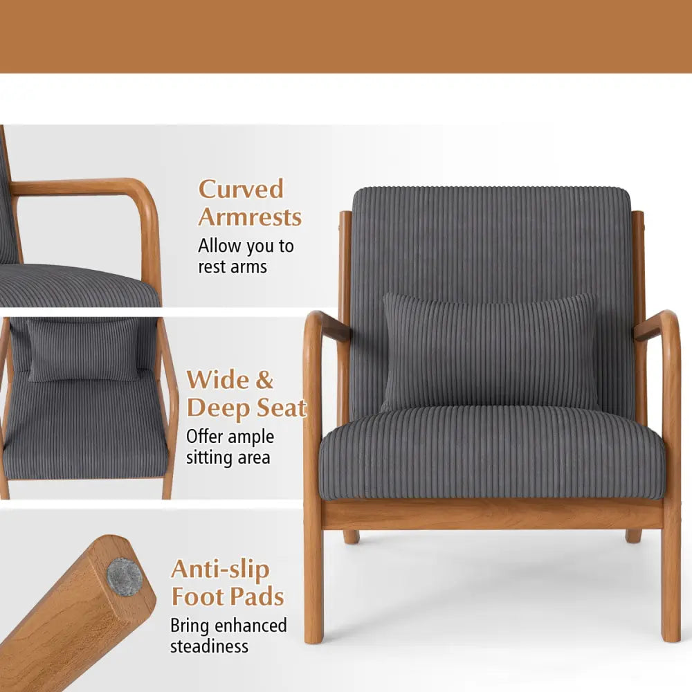 Accent Chair Corduroy Upholstered Lounge Chair with Lumbar Pillow-Gray - Gray - Accent Chairs