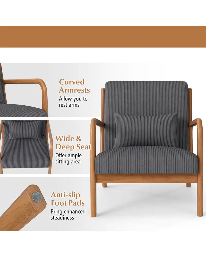 Accent Chair Corduroy Upholstered Lounge Chair with Lumbar Pillow-Gray - Gray - Accent Chairs