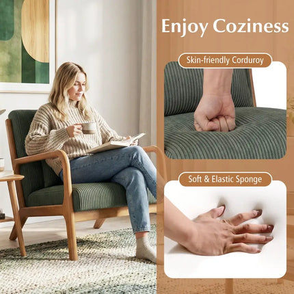Accent Chair Corduroy Upholstered Lounge Chair with Lumbar Pillow-Green - Green - Accent Chairs