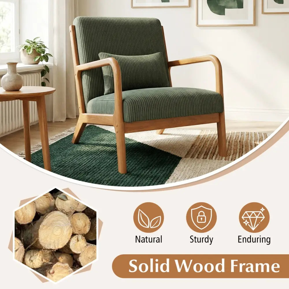 Accent Chair Corduroy Upholstered Lounge Chair with Lumbar Pillow-Green - Green - Accent Chairs