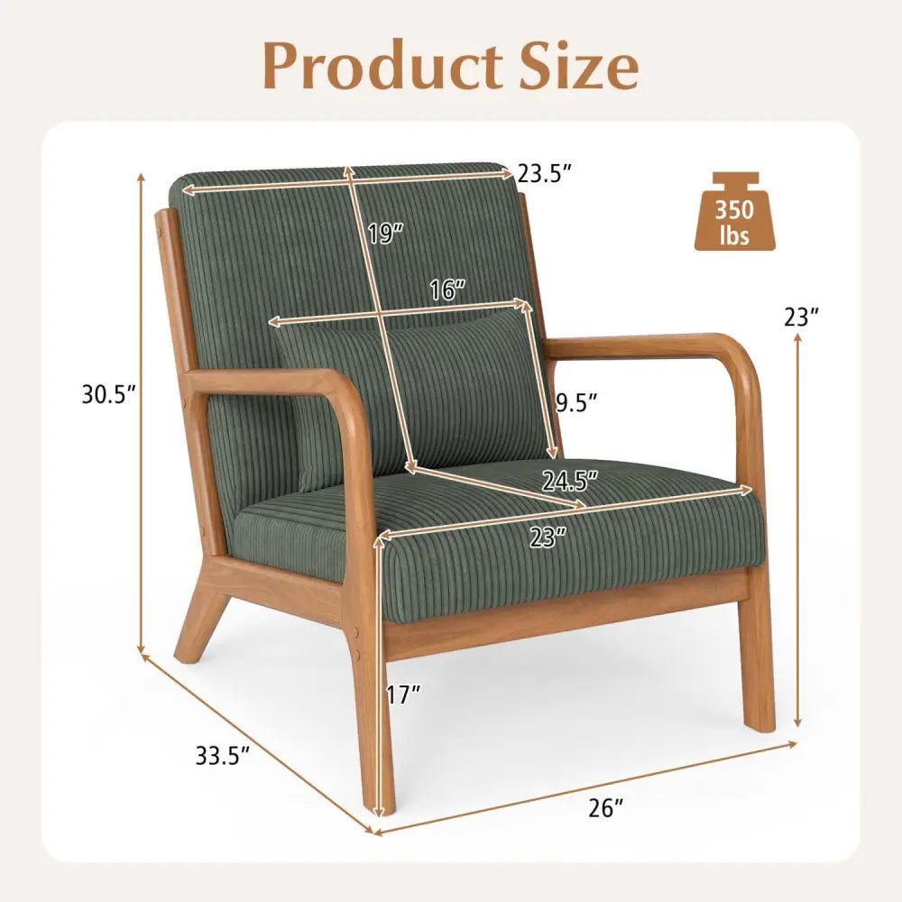 Accent Chair Corduroy Upholstered Lounge Chair with Lumbar Pillow-Green - Green - Accent Chairs