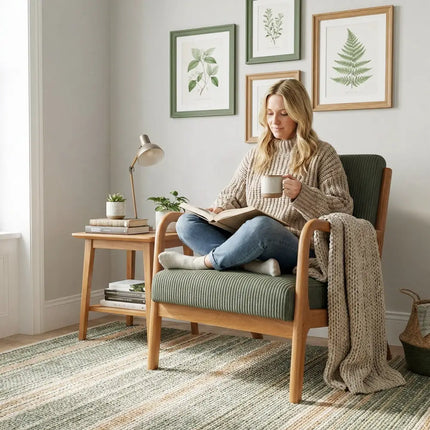 Accent Chair Corduroy Upholstered Lounge Chair with Lumbar Pillow-Green - Green - Accent Chairs