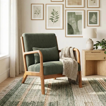 Accent Chair Corduroy Upholstered Lounge Chair with Lumbar Pillow-Green - Green - Accent Chairs