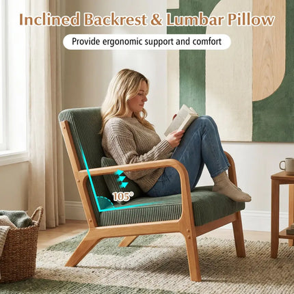 Accent Chair Corduroy Upholstered Lounge Chair with Lumbar Pillow-Green - Green - Accent Chairs