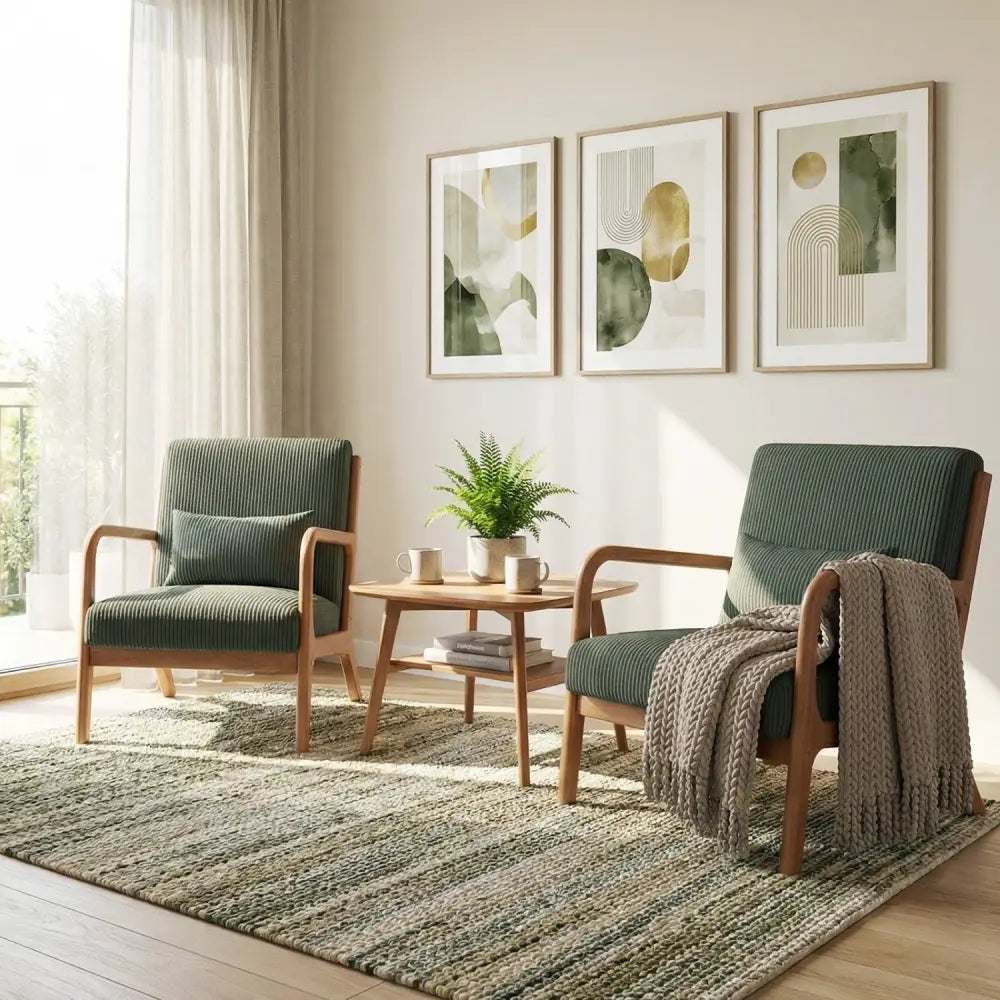 Accent Chair Corduroy Upholstered Lounge Chair with Lumbar Pillow-Green - Green - Accent Chairs