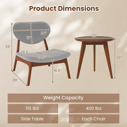 Accent Chairs Set of 2 with Side Table and Solid Wood Frame-Gray - Gray - Accent Chairs