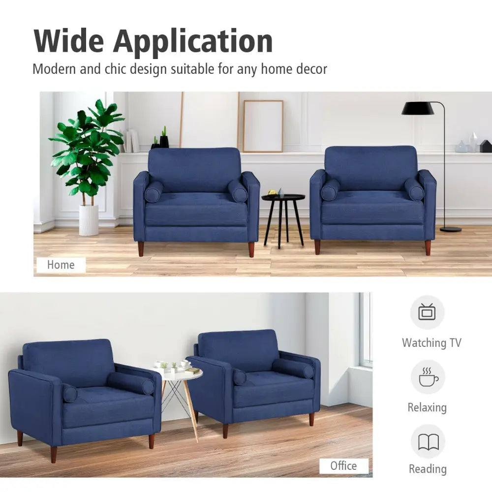 Accent Oversized Linen Club Armchair with Pillows and Rubber Wood Legs - Navy - Accent Chairs