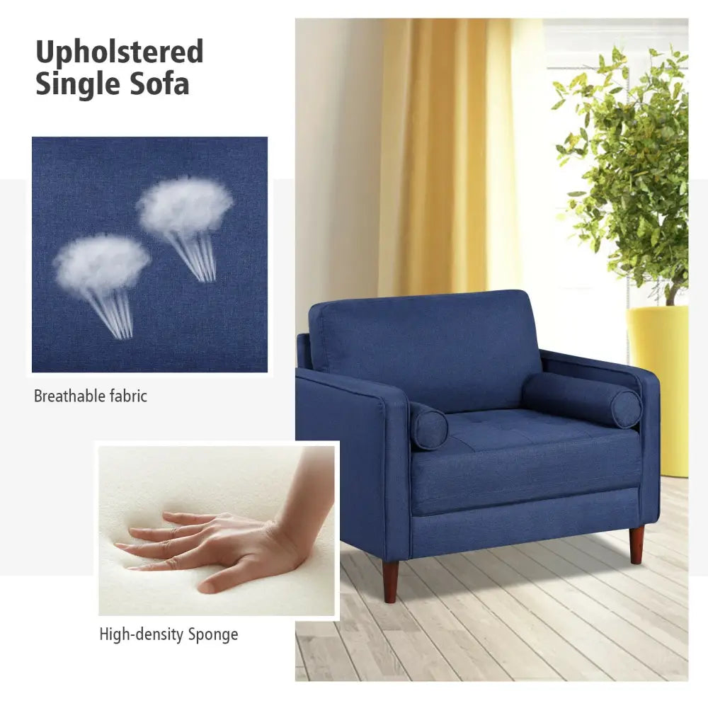 Accent Oversized Linen Club Armchair with Pillows and Rubber Wood Legs - Navy - Accent Chairs