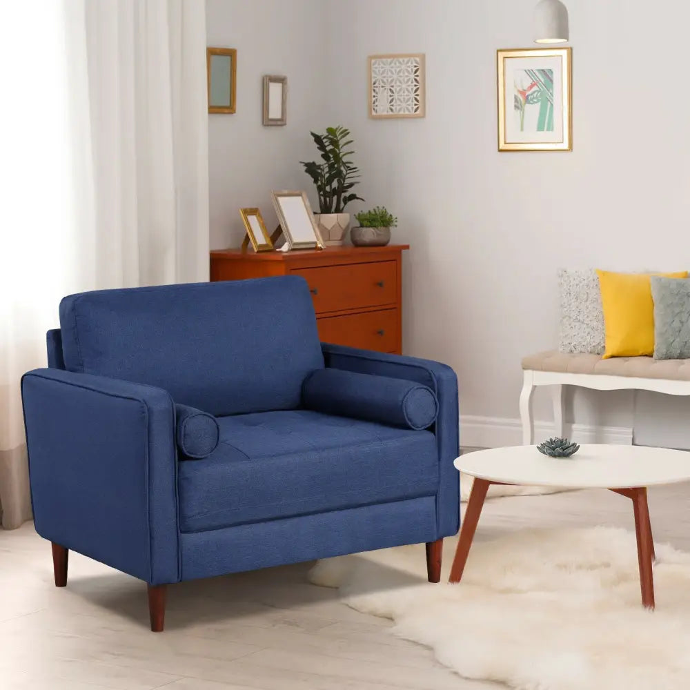 Accent Oversized Linen Club Armchair with Pillows and Rubber Wood Legs - Navy - Accent Chairs