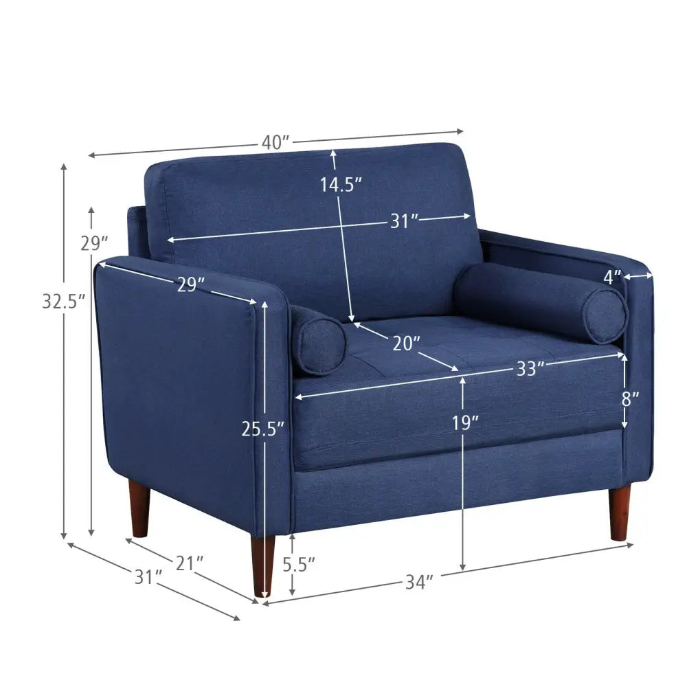 Accent Oversized Linen Club Armchair with Pillows and Rubber Wood Legs - Navy - Accent Chairs