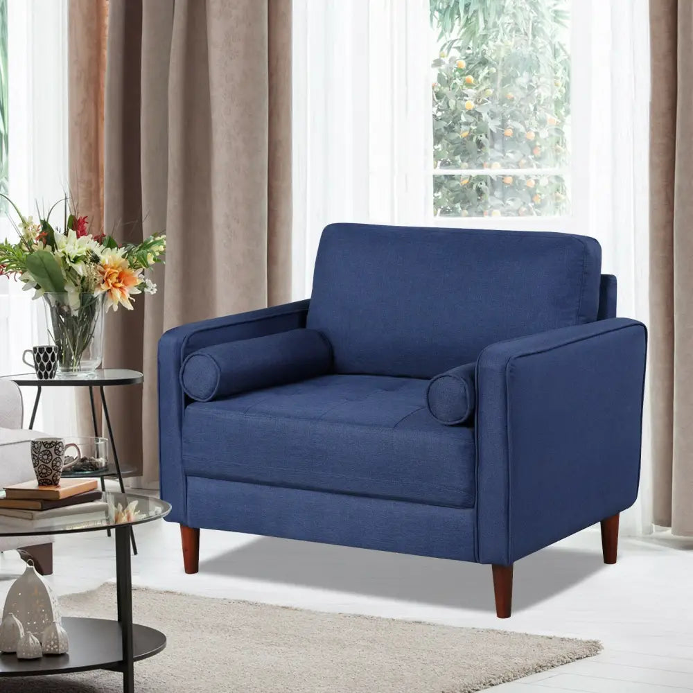 Accent Oversized Linen Club Armchair with Pillows and Rubber Wood Legs - Navy - Accent Chairs