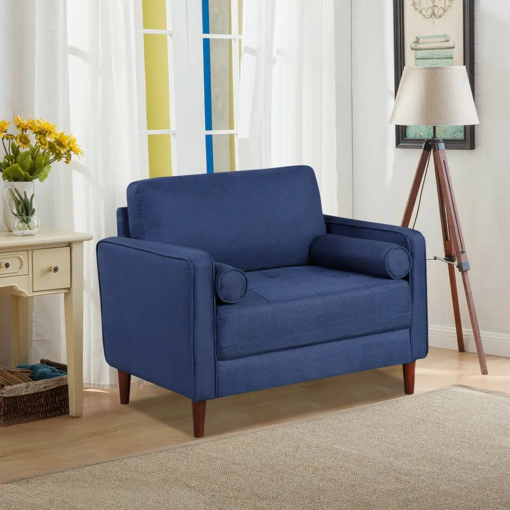 Accent Oversized Linen Club Armchair with Pillows and Rubber Wood Legs - Navy - Accent Chairs