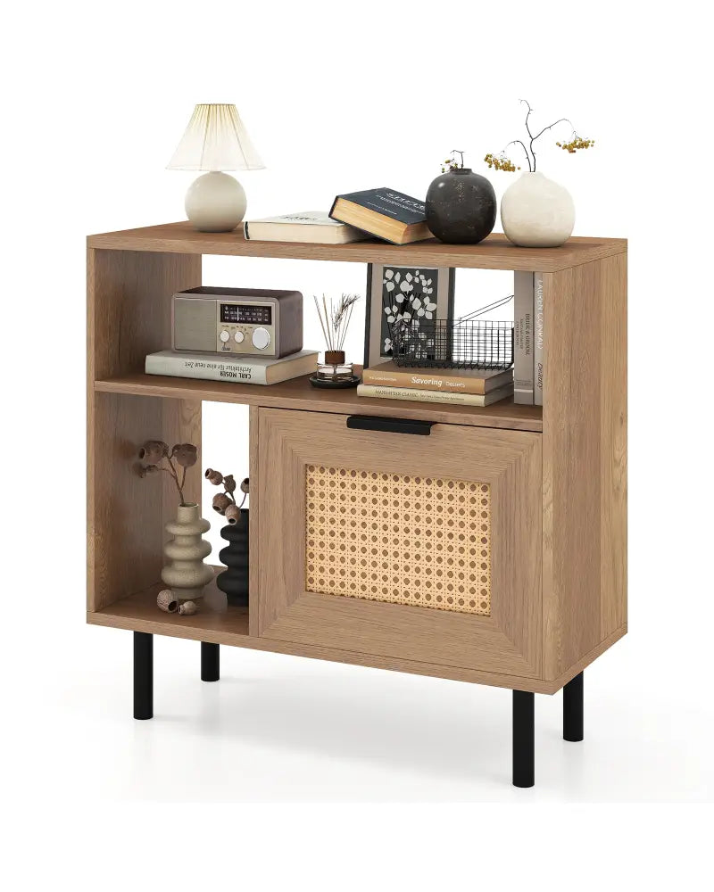 Accent Side End Table with Storage Shelf and Cabinet for Small Space-Natural - Natural - End & Side Tables