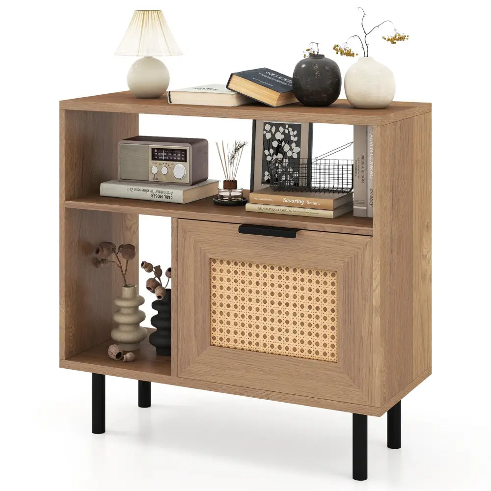 Accent Side End Table with Storage Shelf and Cabinet for Small Space-Natural - Natural - End & Side Tables