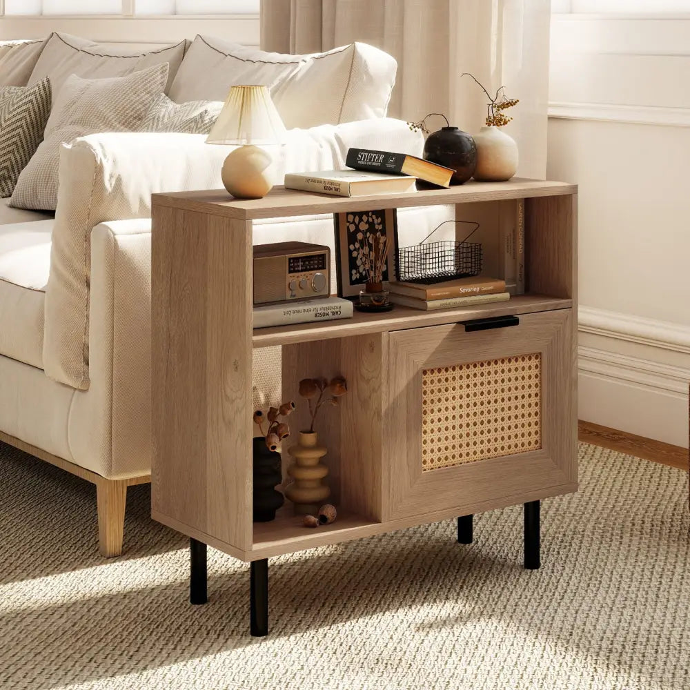Accent Side End Table with Storage Shelf and Cabinet for Small Space-Natural - Natural - End & Side Tables