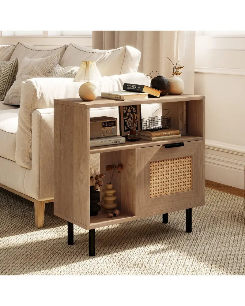 Accent Side End Table with Storage Shelf and Cabinet for Small Space-Natural - Natural - End & Side Tables