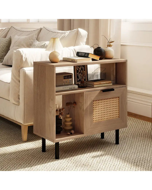 Accent Side End Table with Storage Shelf and Cabinet for Small Space-Natural - Natural - End & Side Tables
