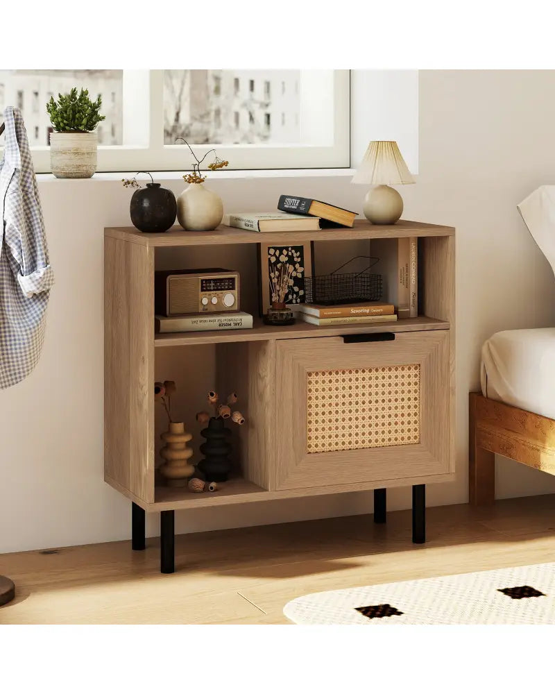 Accent Side End Table with Storage Shelf and Cabinet for Small Space-Natural - Natural - End & Side Tables