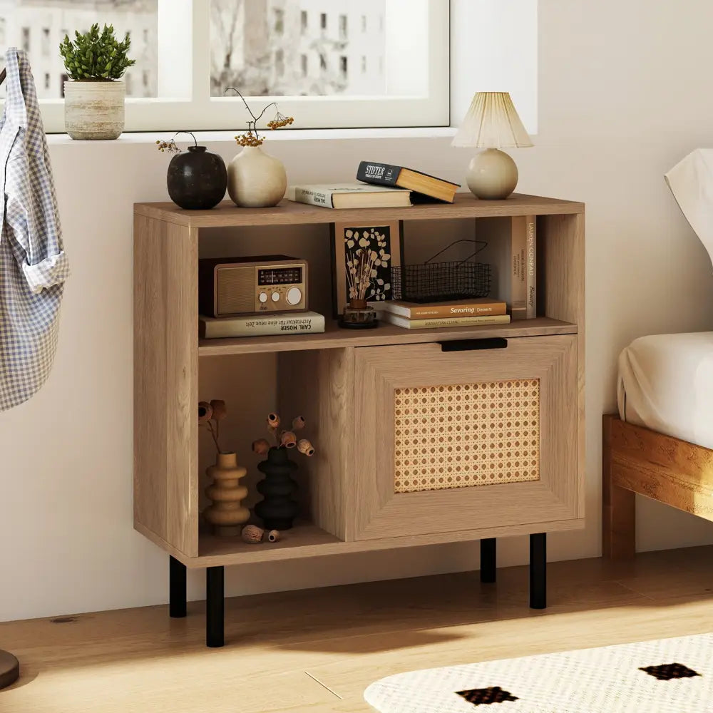Accent Side End Table with Storage Shelf and Cabinet for Small Space-Natural - Natural - End & Side Tables