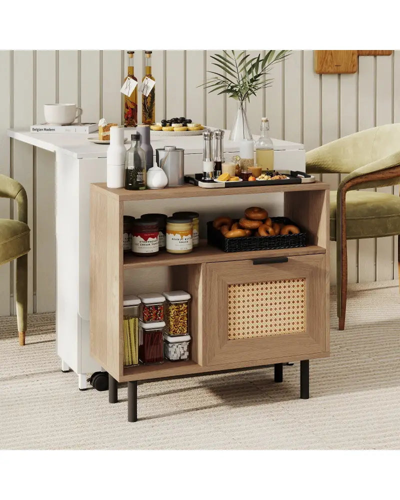 Accent Side End Table with Storage Shelf and Cabinet for Small Space-Natural - Natural - End & Side Tables