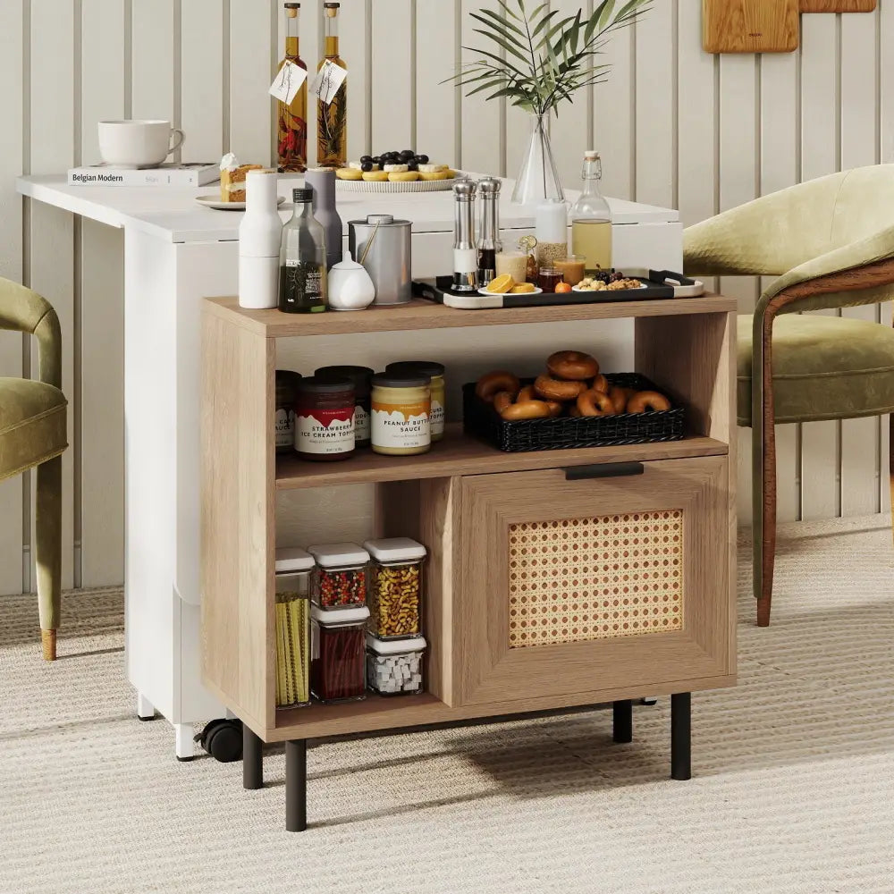 Accent Side End Table with Storage Shelf and Cabinet for Small Space-Natural - Natural - End & Side Tables